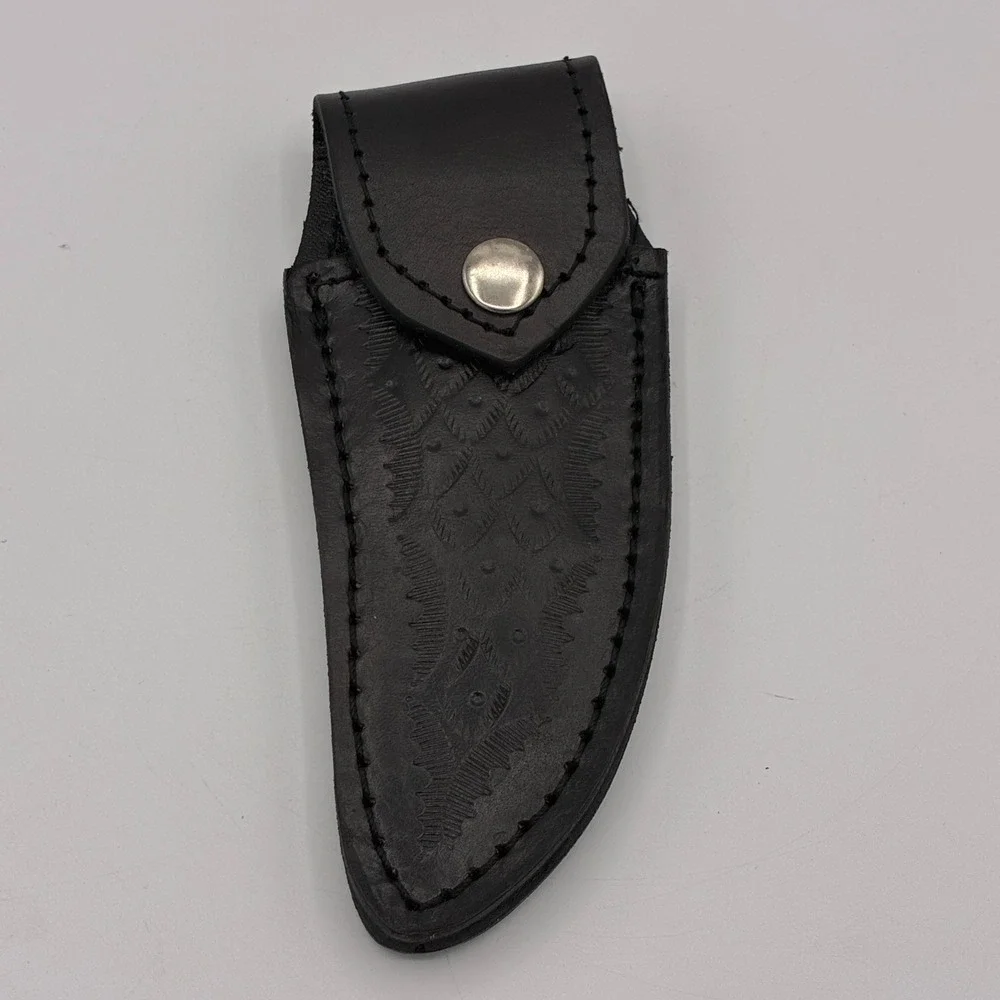 Leather Folding Knife Sheath Belt Case Pouch Snap Closure Tooled Feather Design
